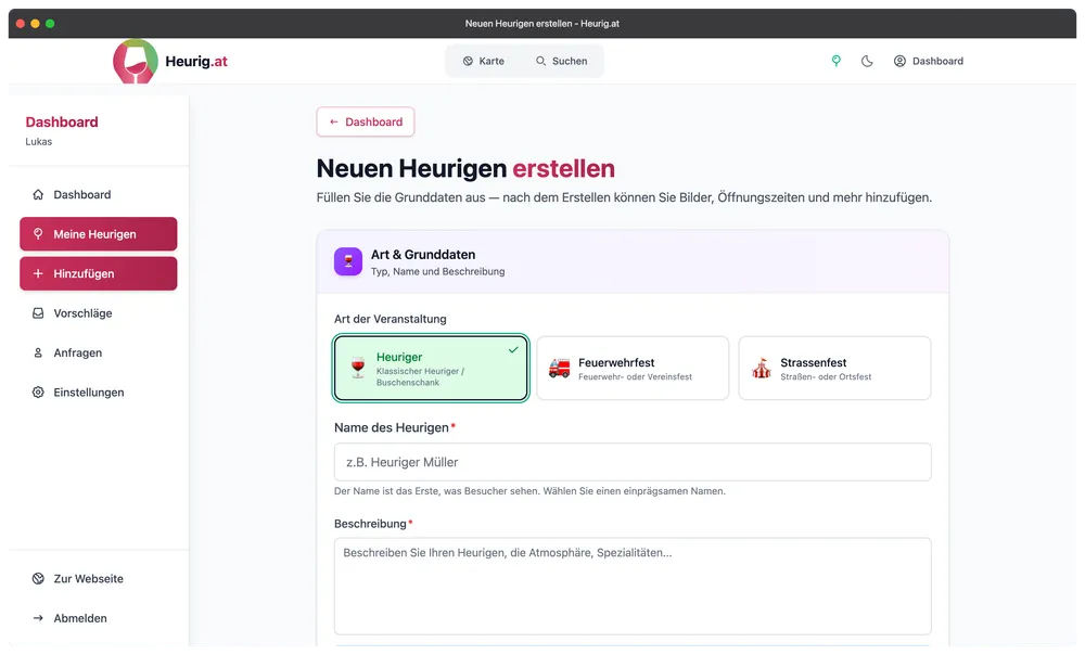 Formular zum Anlegen eines Eintrags mit Auswahl zwischen Heurigem, Feuerwehrfest und Straßenfest.