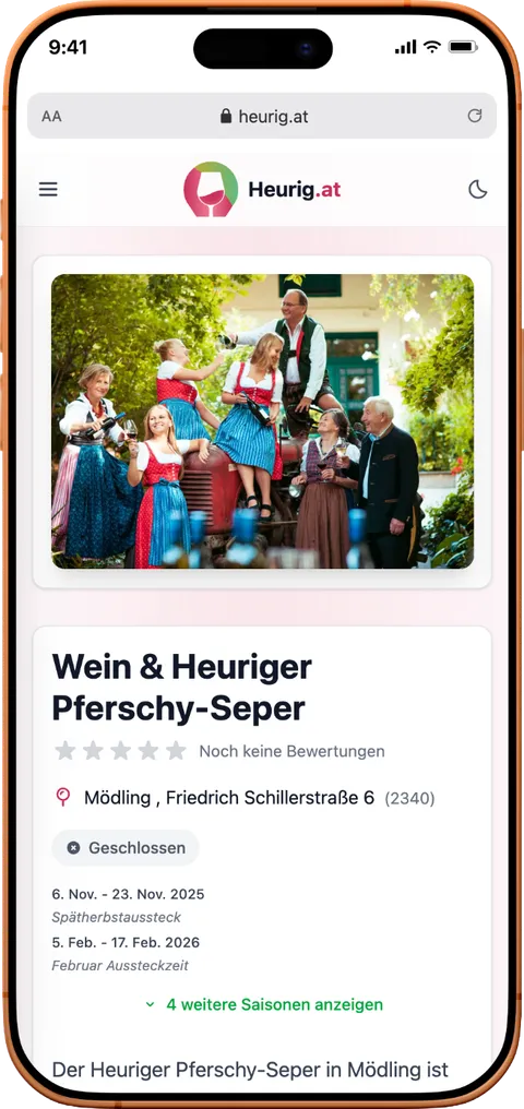 Detailseite eines Heurigen am Smartphone mit Foto, Bewertung, Adresse und den Aussteckzeiten mehrerer Saisonen.