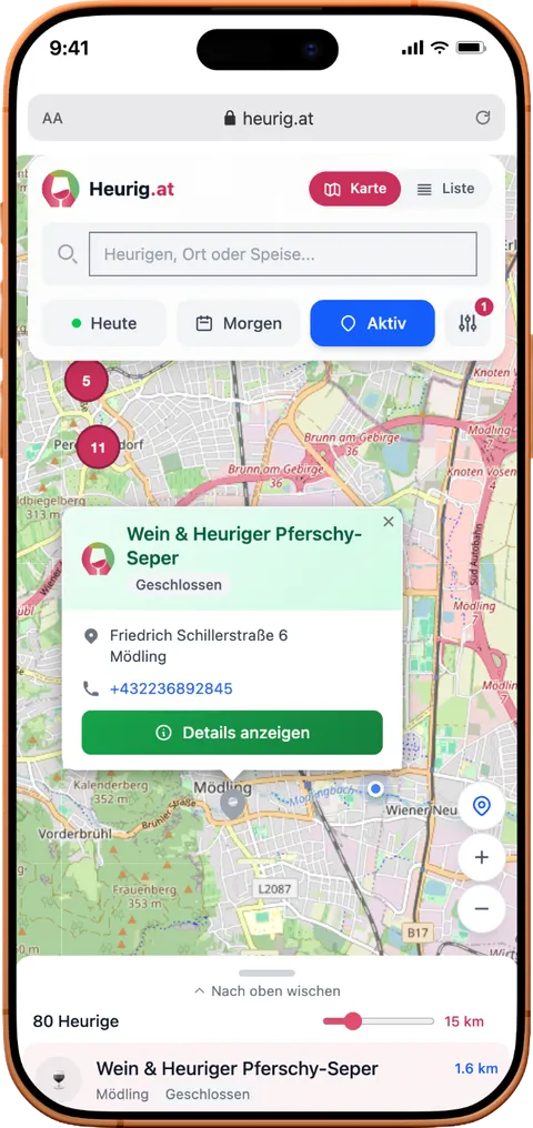 Angetippter Marker auf der mobilen Karte: ein Popup zeigt Name, Adresse und Telefonnummer des Heurigen samt Link zur Detailseite.