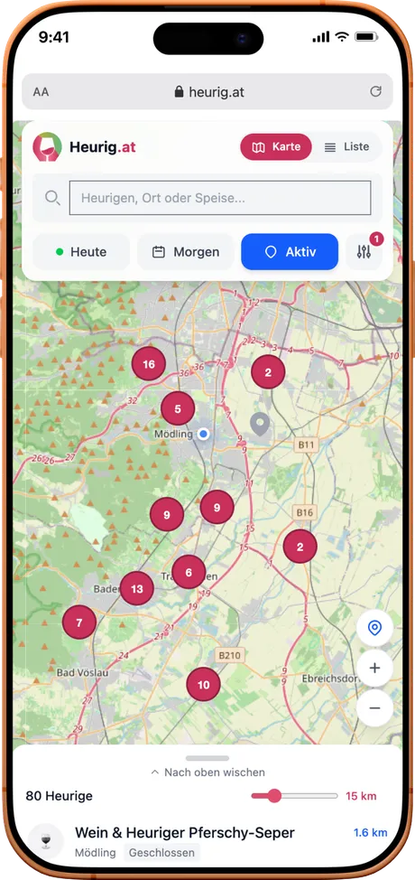 Kartenansicht am Smartphone mit Schnellfiltern für heute, morgen und aktuell ausgesteckte Heurige sowie einer aufziehbaren Ergebnisliste.