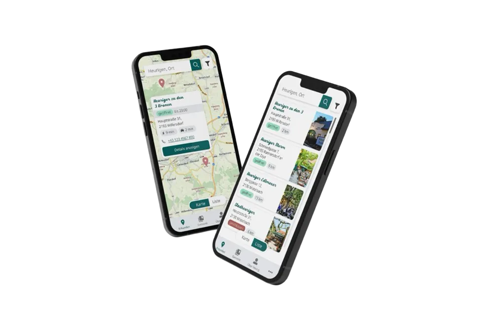 Die erste Version als Ionic-App auf zwei Smartphones: Karten- und Listenansicht im damaligen grünen Design.