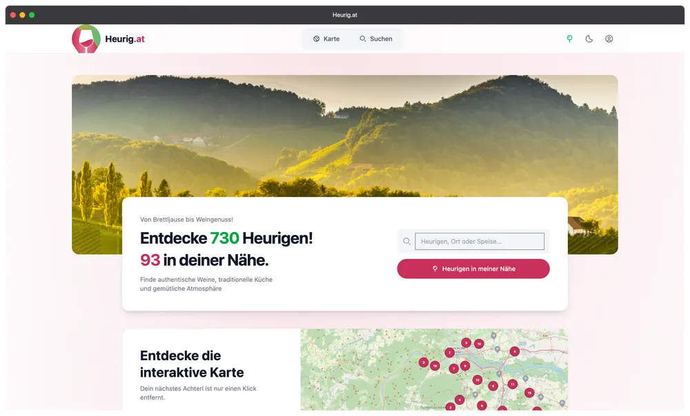 Startseite von Heurig.at: über einem Foto sonnenbeschienener Weinberge liegt die Suche mit dem Hinweis, dass 730 Heurige erfasst und 93 in der Nähe sind.