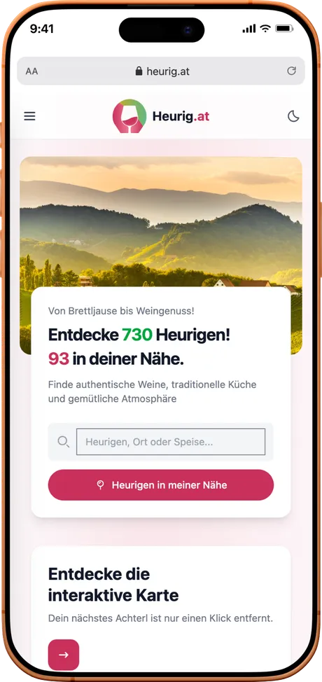 Dieselbe Startseite am Smartphone, mit Suchfeld und der Schaltfläche „Heurigen in meiner Nähe“.