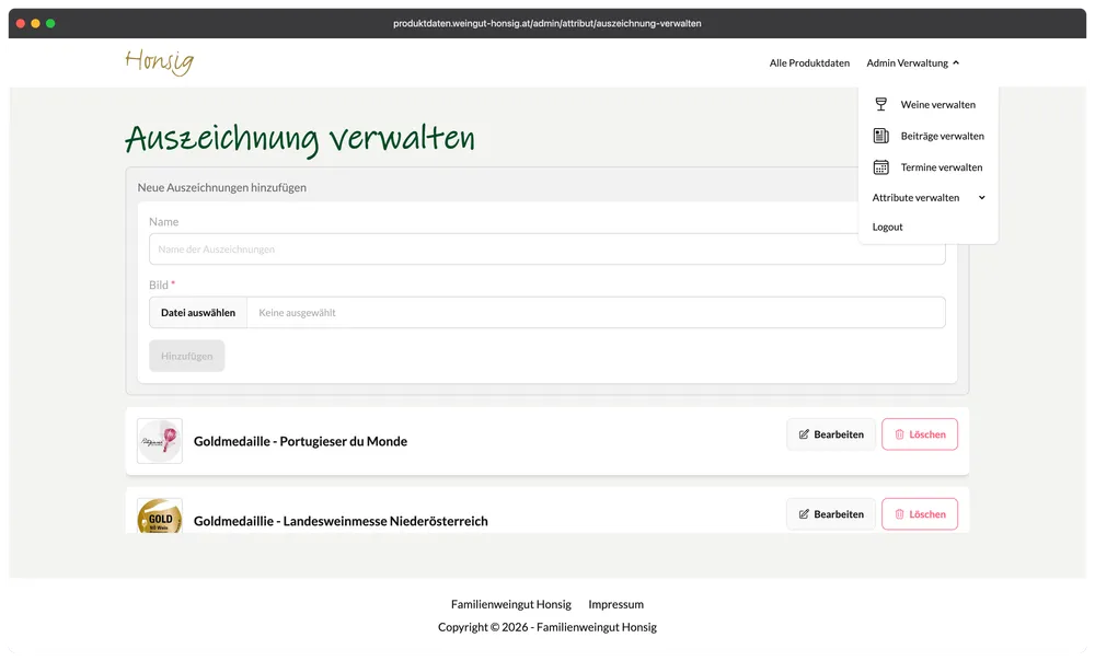 Zentrale Verwaltung der Auszeichnungen inklusive Bilder, die sich später einzelnen Weinen zuweisen lassen.