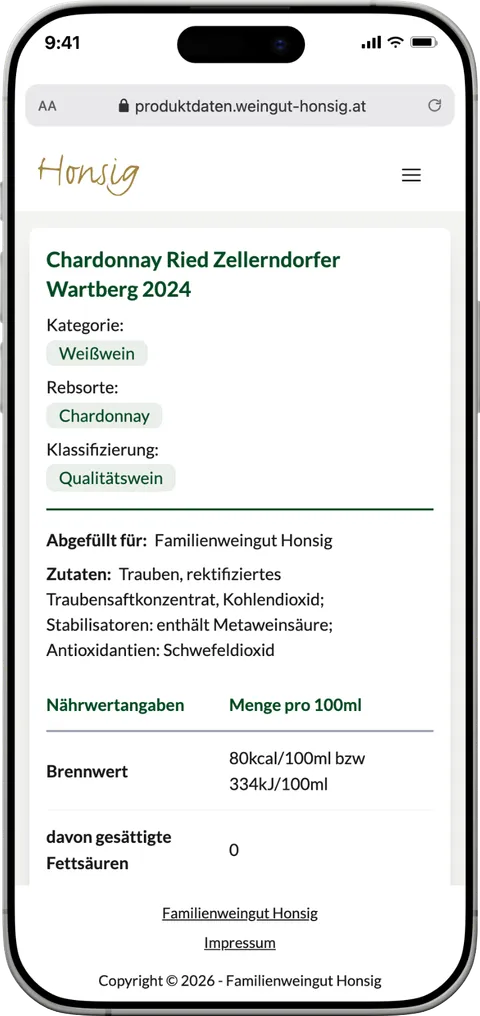 Detailseite eines Weins, die Kund:innen über den QR-Code erreichen.