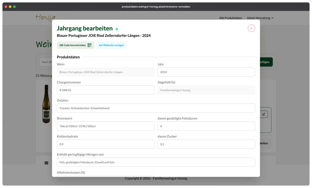 Formular zum Bearbeiten eines Weindatenblatts.