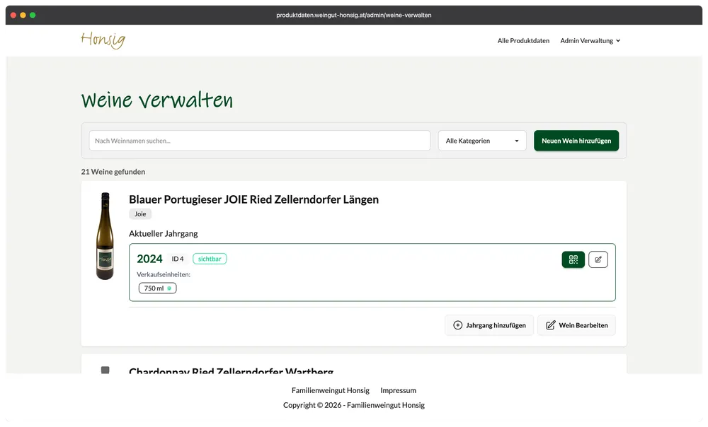 Übersicht aller angelegten Weine als Ausgangspunkt der Weinverwaltung.